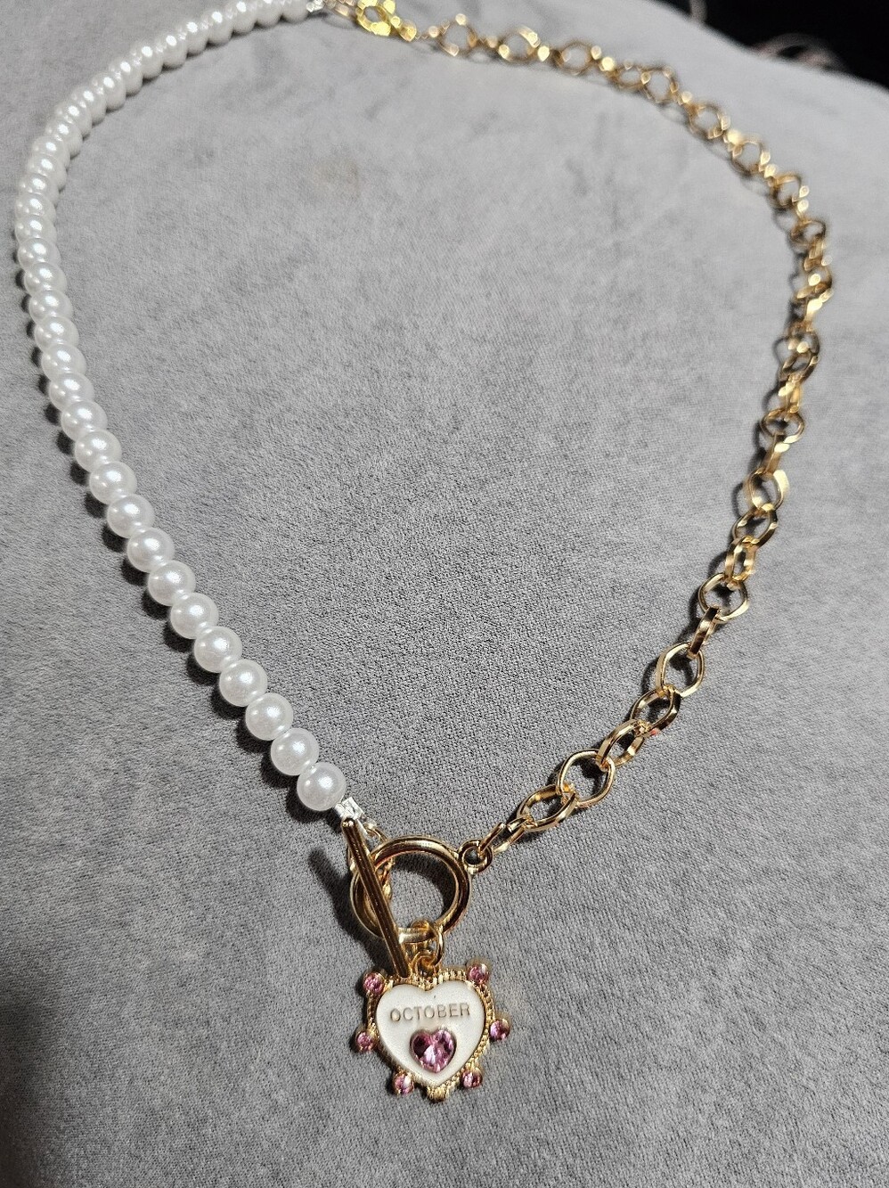 “October Birthstone Pearl & Pink Heart Necklace